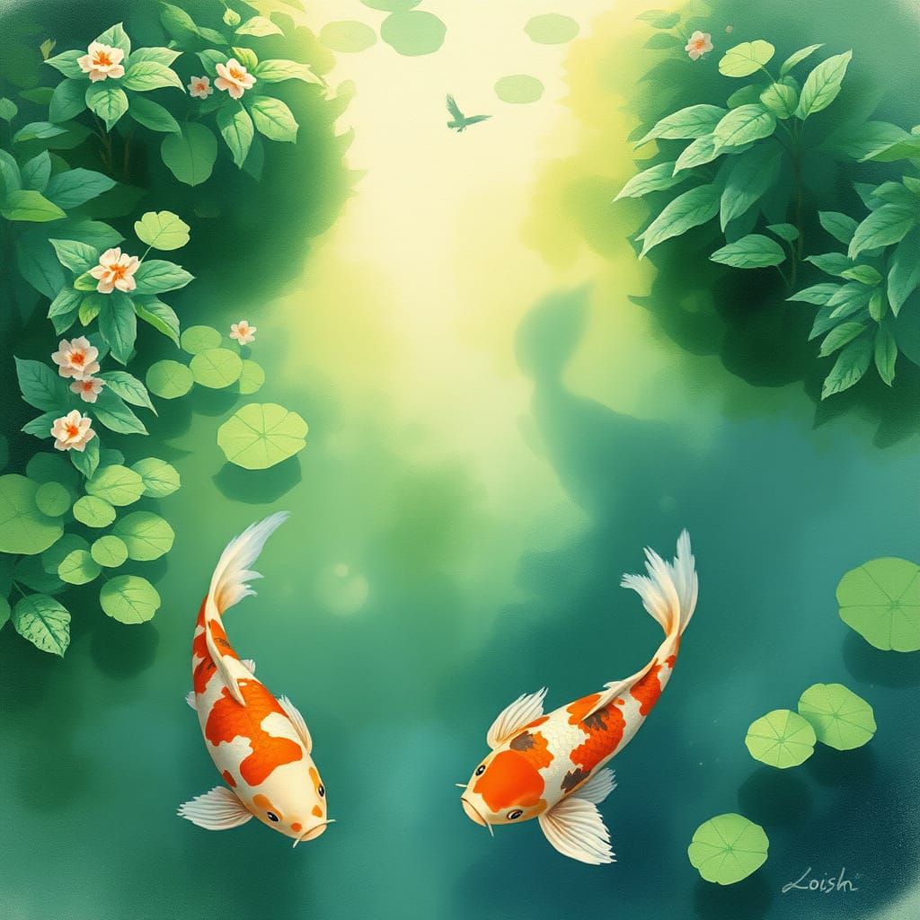 Koi Fish in Pond, Watercolor Fan Art
