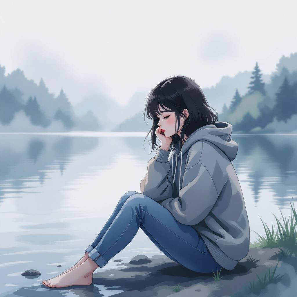 Melancholy Woman on Misty Lake Shore