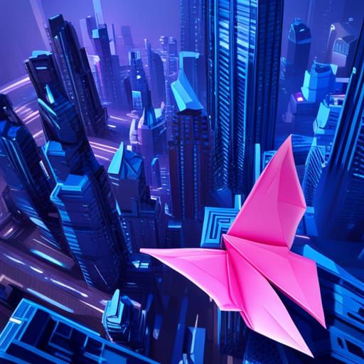 Pink Origami Butterfly Above Futuristic City