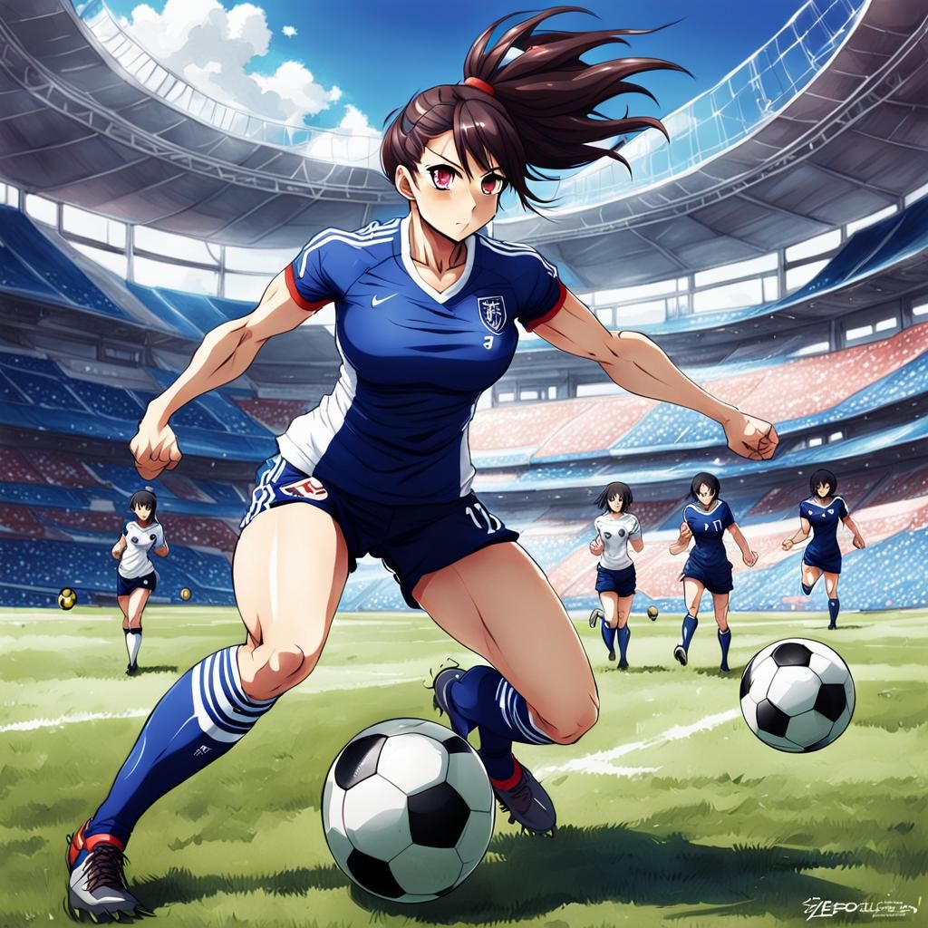 Muscular Girl Plays Soccer in Anime Style