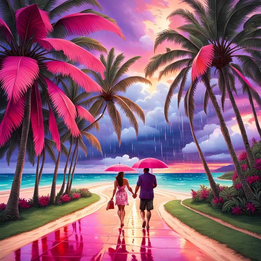 Romantic Sunset Beach Stroll in Gouache Style