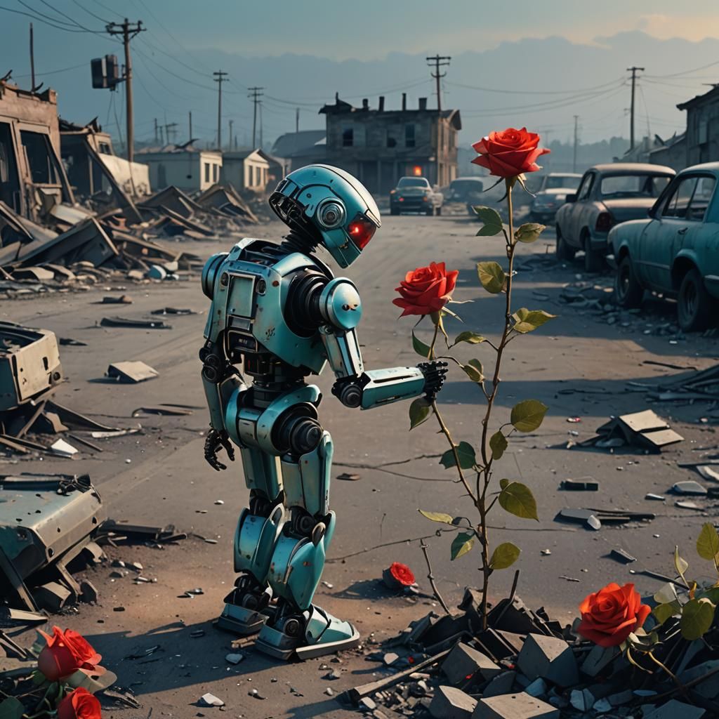 Robot in Wasteland Holding Rose: Concept Art