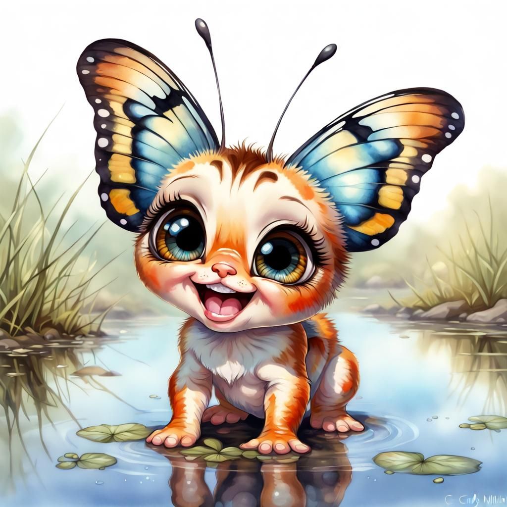 Watercolor Portrait of a Chibi Butterfly Baby
