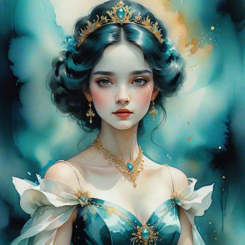 Dreamy Watercolor Princess Portrait in Elegant Gown