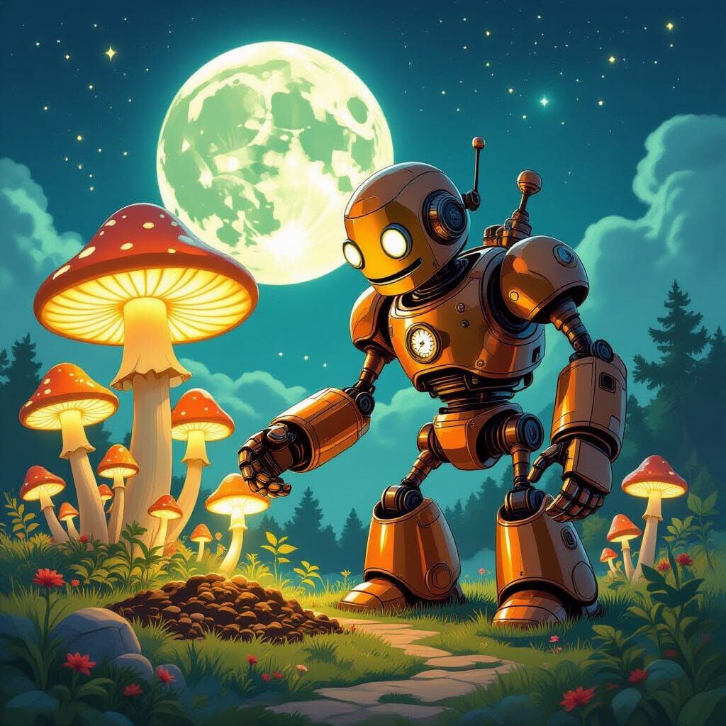 Friendly Robot Tends Glowing Mushroom Garden On Distant Moon