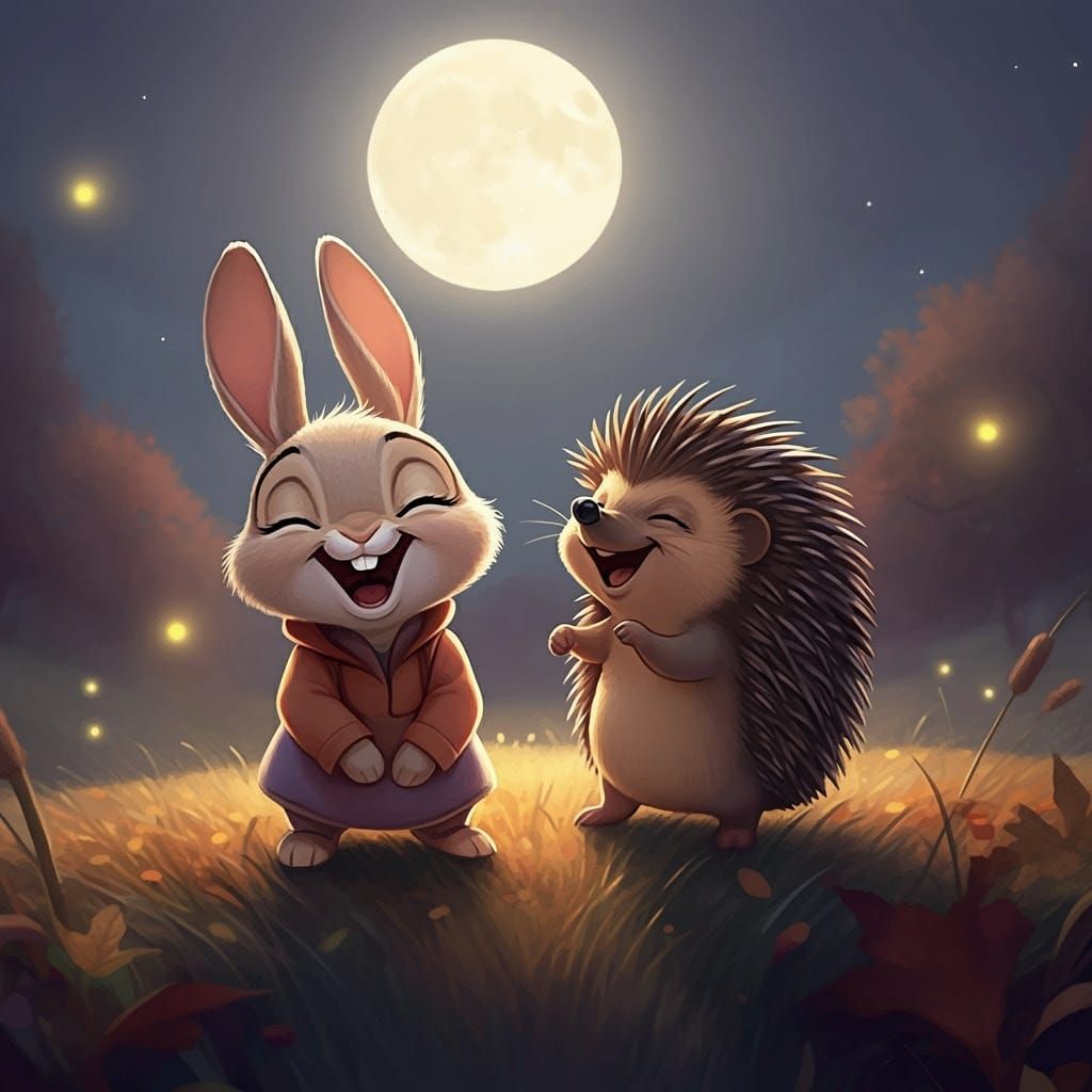 Bunny and Hedgehog Laughing Under the Moon