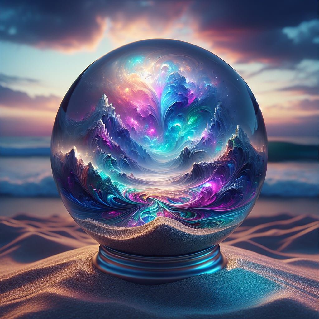 crystal ball on the sandy beach, unreal image inside, bright...