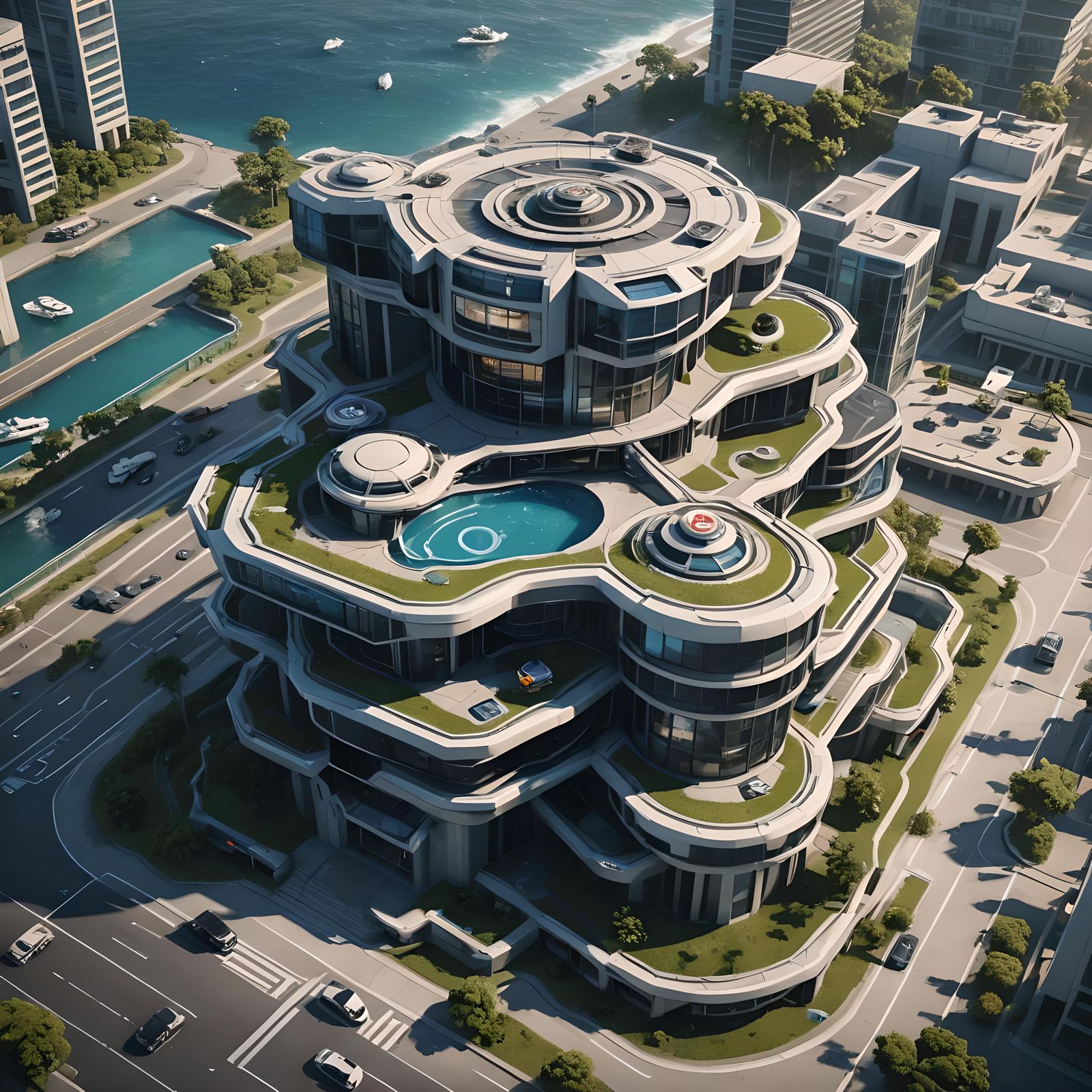 Futuristic Oceanfront Office Building with Helipad