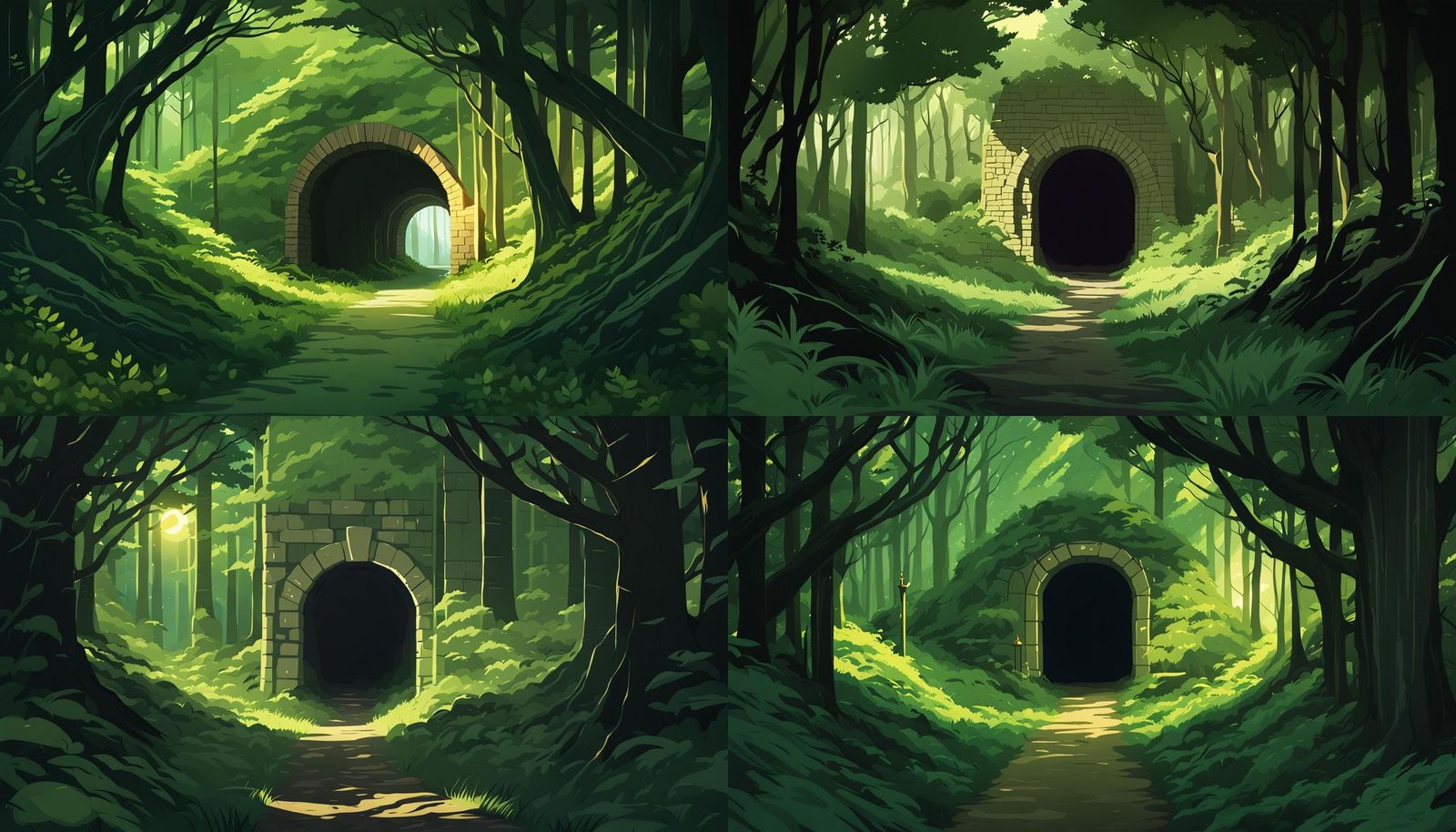 Sunlit Tunnel in Forest, Anime Style Digital Art