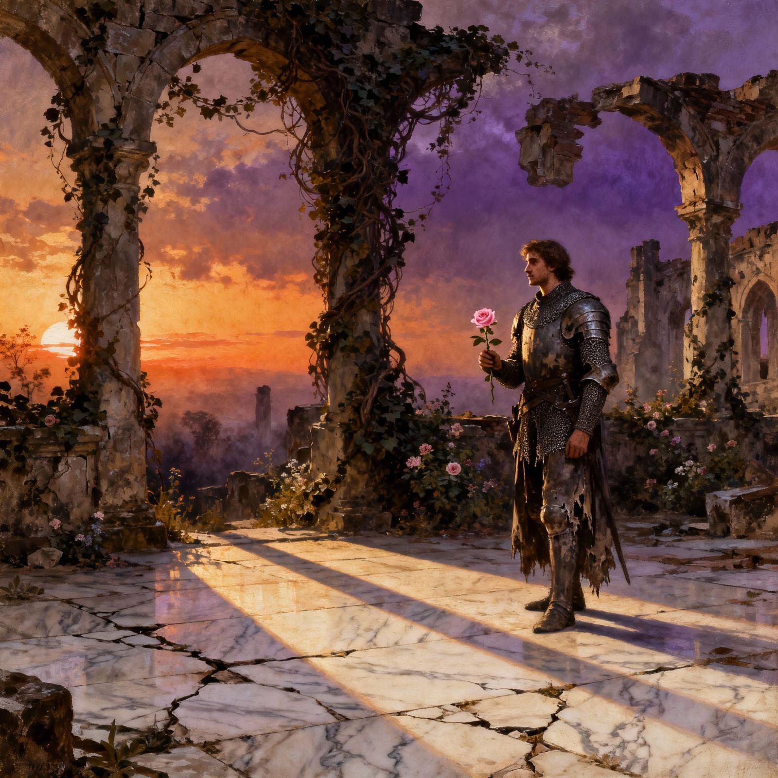 Medieval Soldier in Ruins Holding Flower, Romanticism Style