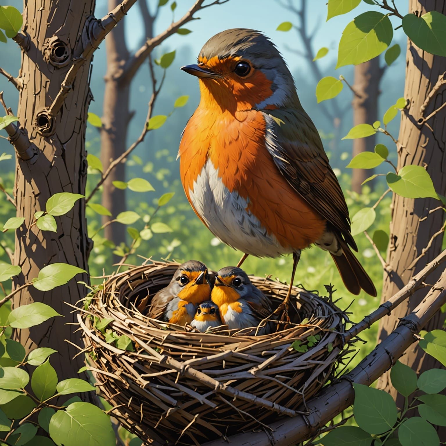 Proud Robin and Hatchlings: 3D Anime Art