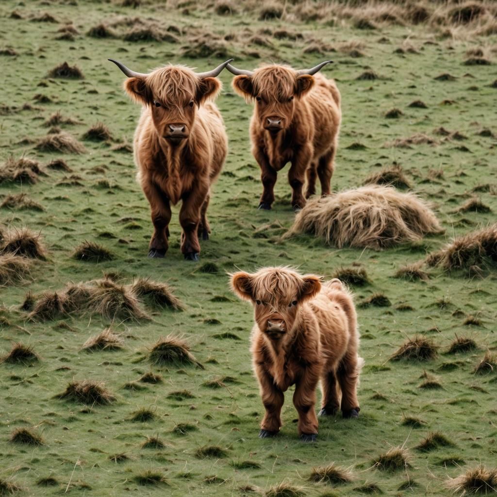 Fluffy Baby Highland Cow in Grassy Field