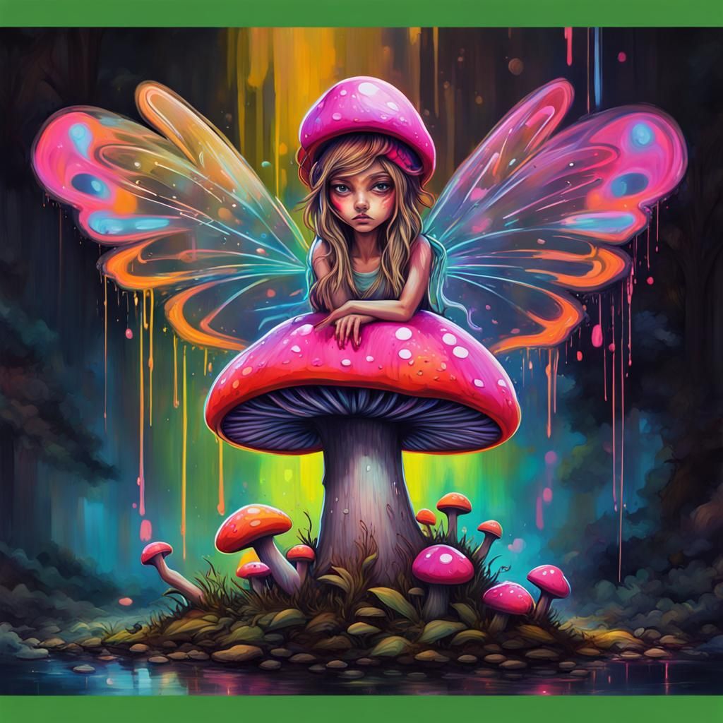 Neon Mushroom Fairy in Graffiti Splash Art Style