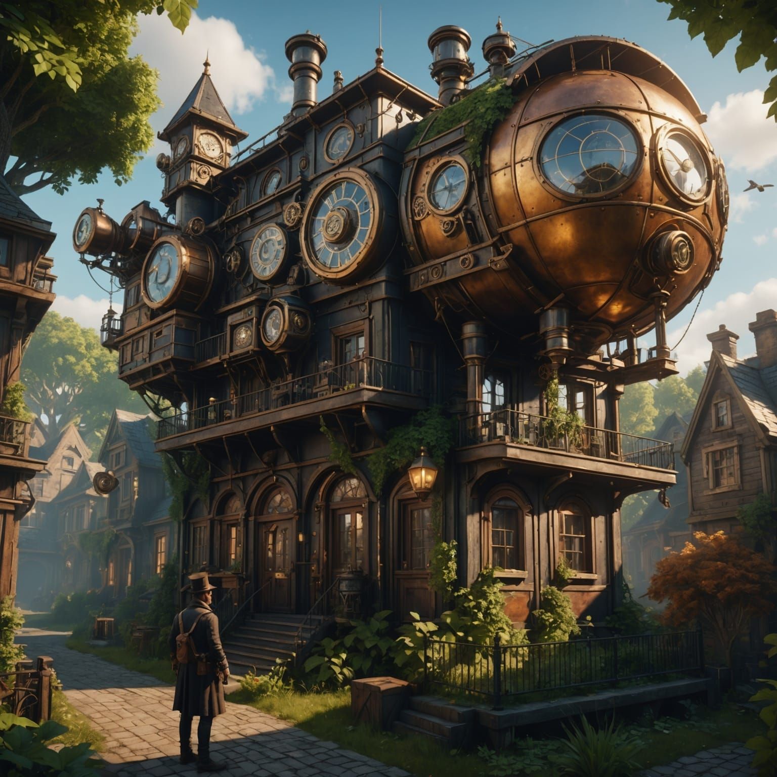 Steampunk Clockwork Flying Machine Above Mechanical House