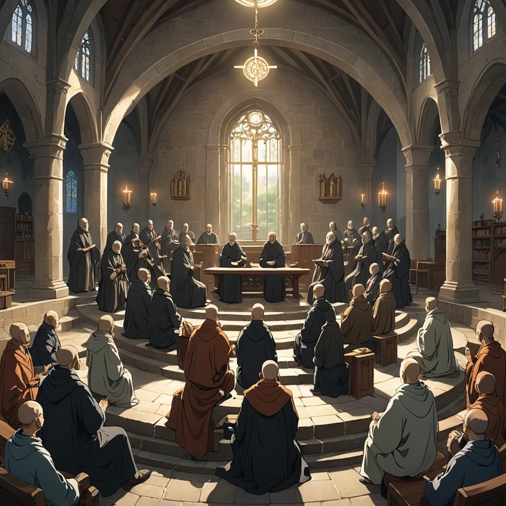 Monks Singing Gregorian Chants in Anime Style