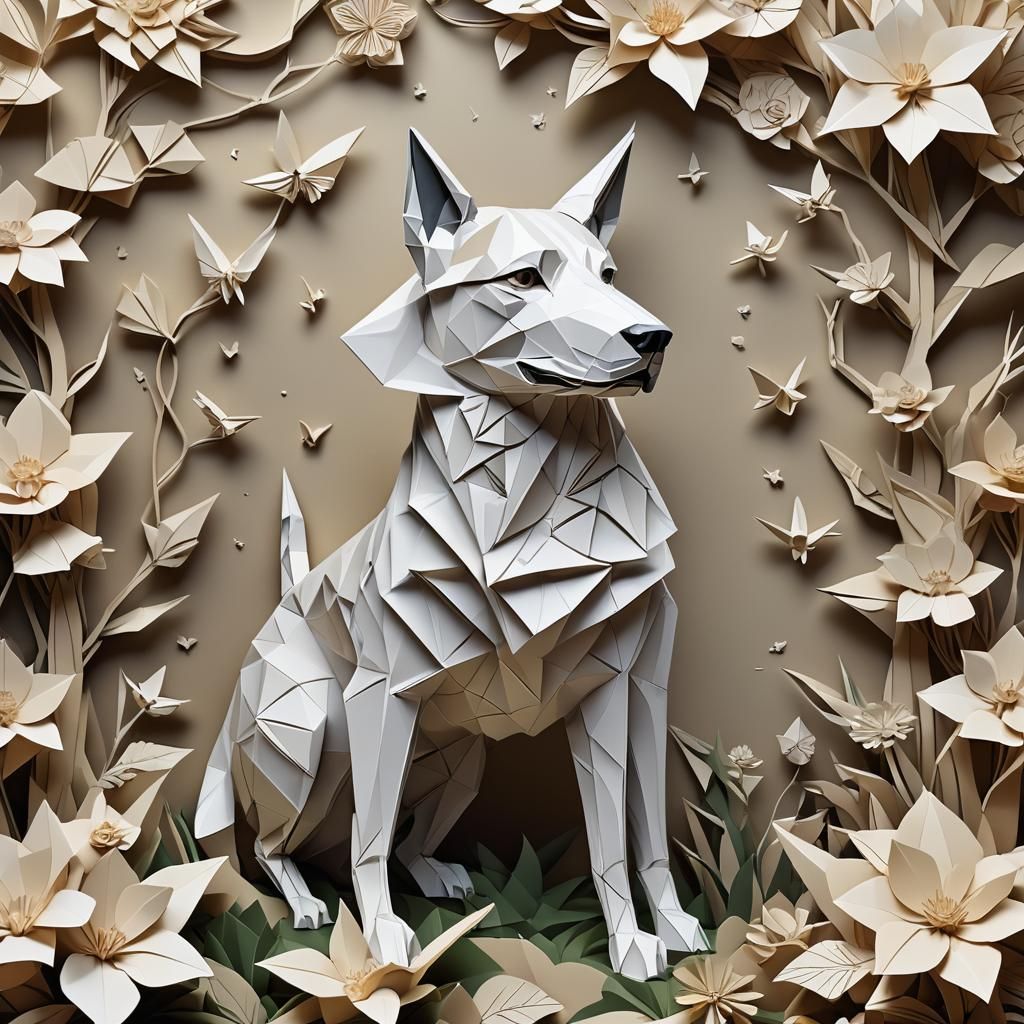 Origami Dog Emerges in Tranquil Garden
