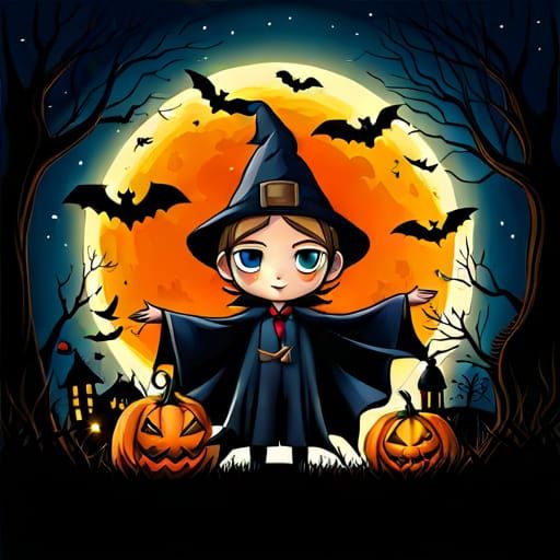 Cute Halloween Chibi Waving Hello in Tim Burton Style