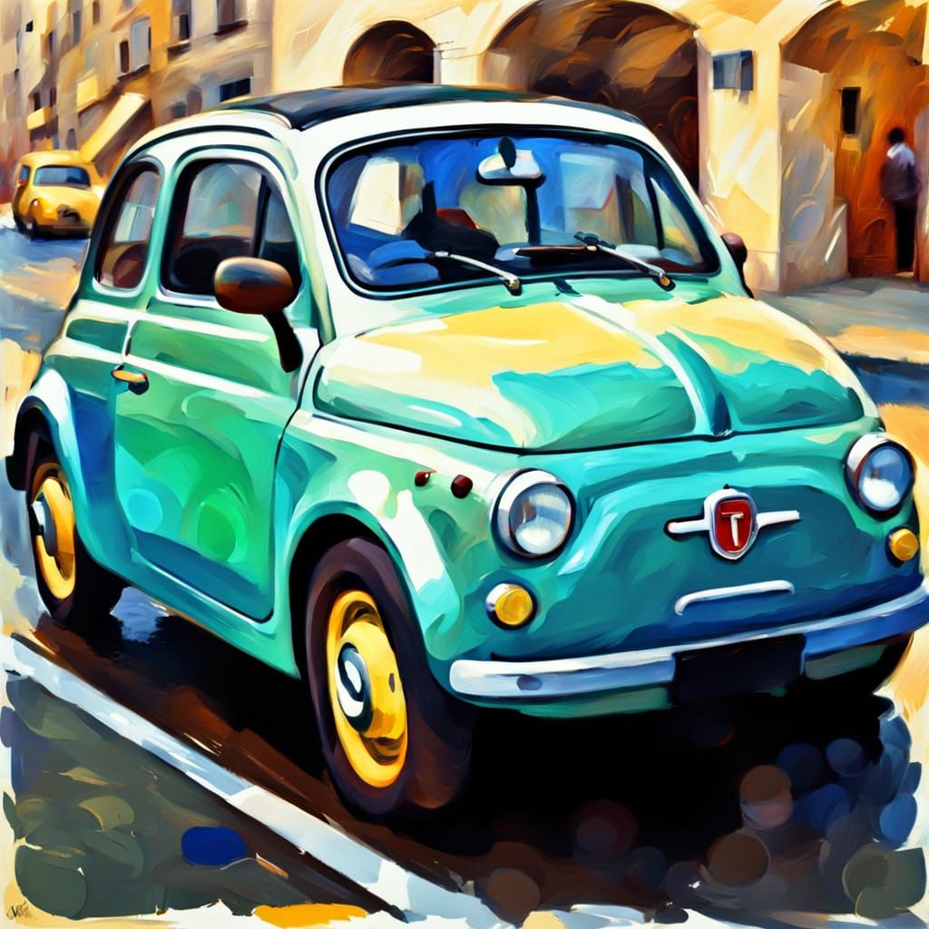 Vibrant Fiat 500 Oil Painting in Neo-Expressionist Style