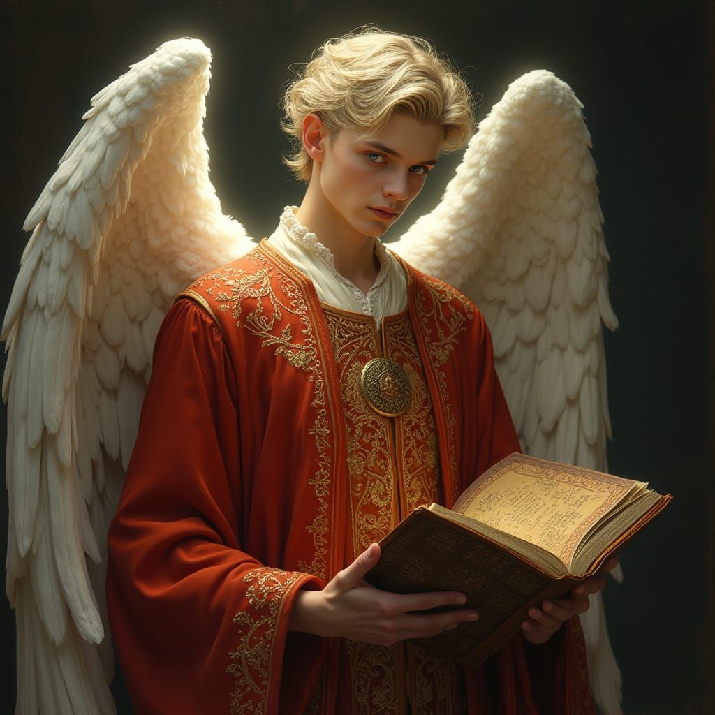 Serenely Majestic Angel in Crimson Robe with Golden Accents
