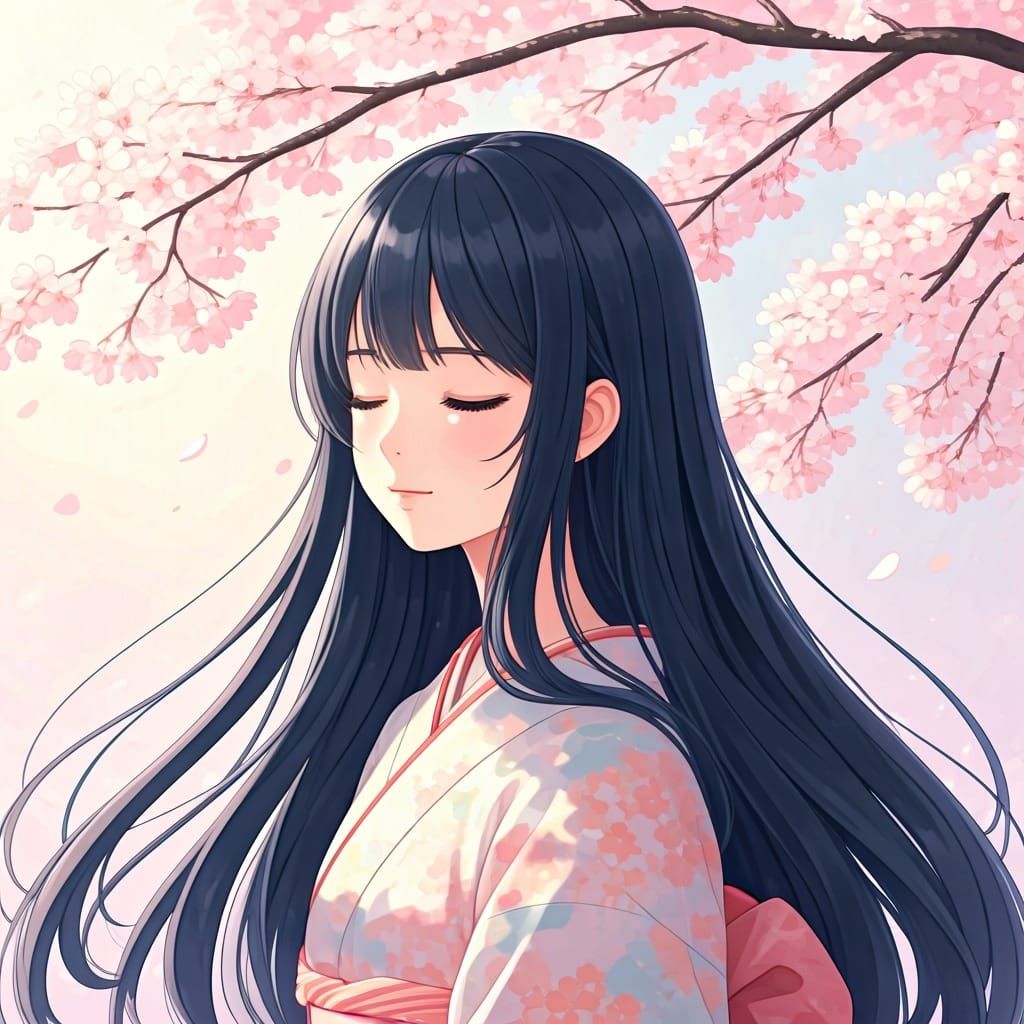 Anime Girl Under Cherry Blossom Tree in Anime Style