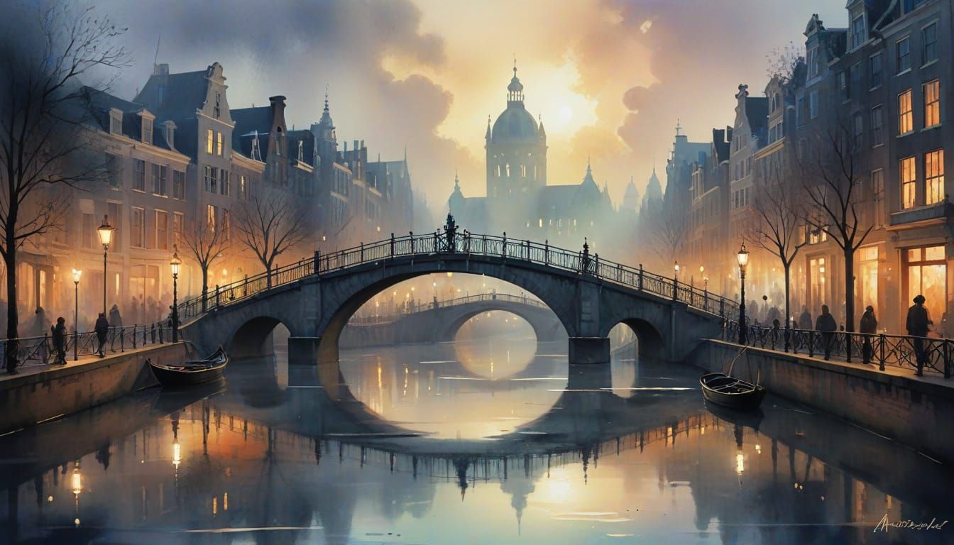 Ethereal Watercolor Bridge in Vintage Amsterdam