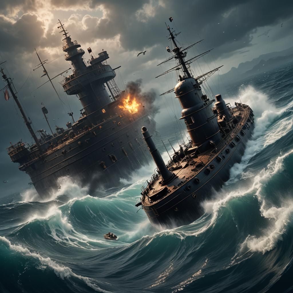 Submarine Emerges Near Sinking Ship: Digital Matte Painting