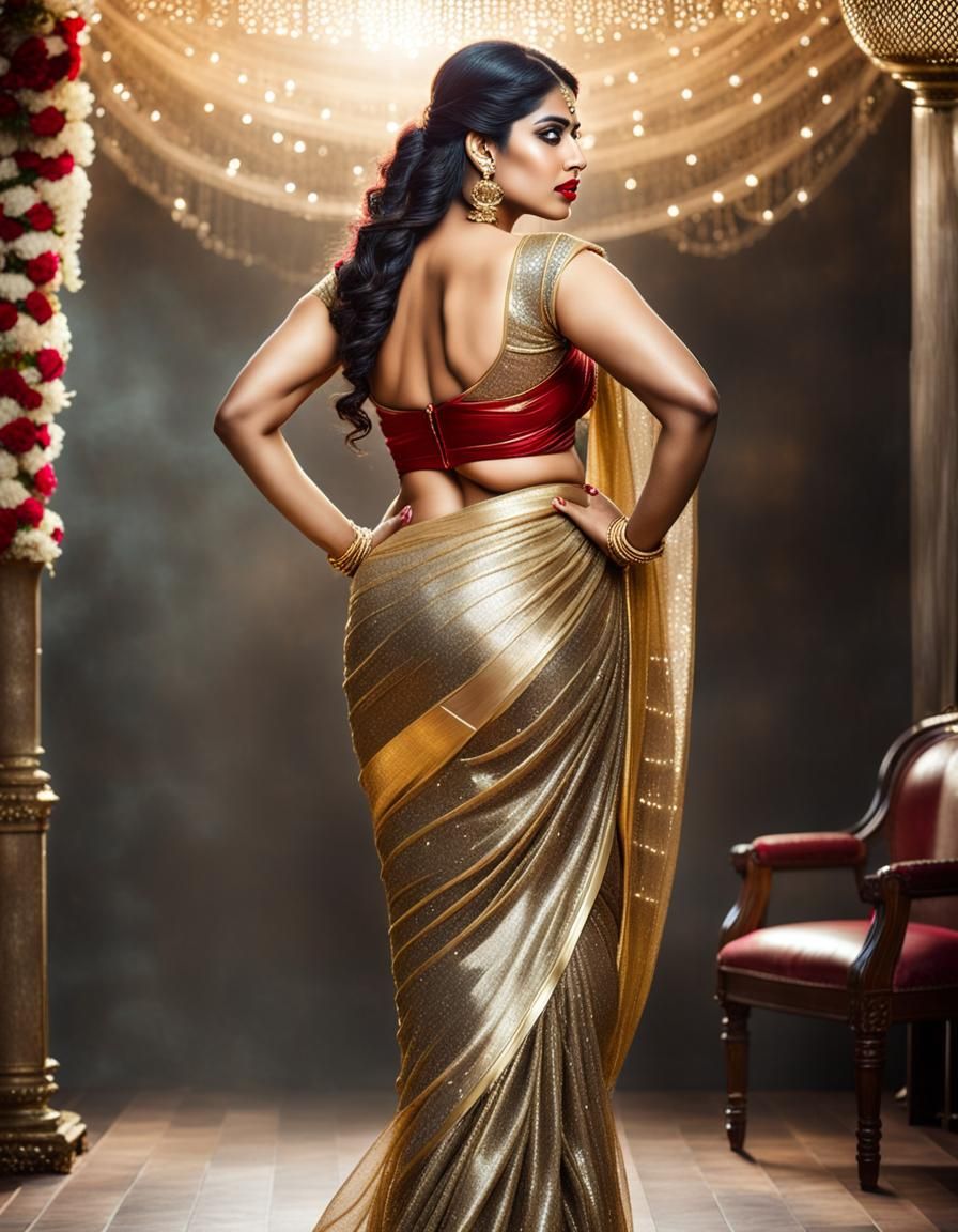 Curvy Indian Woman in Golden Saree Portrait