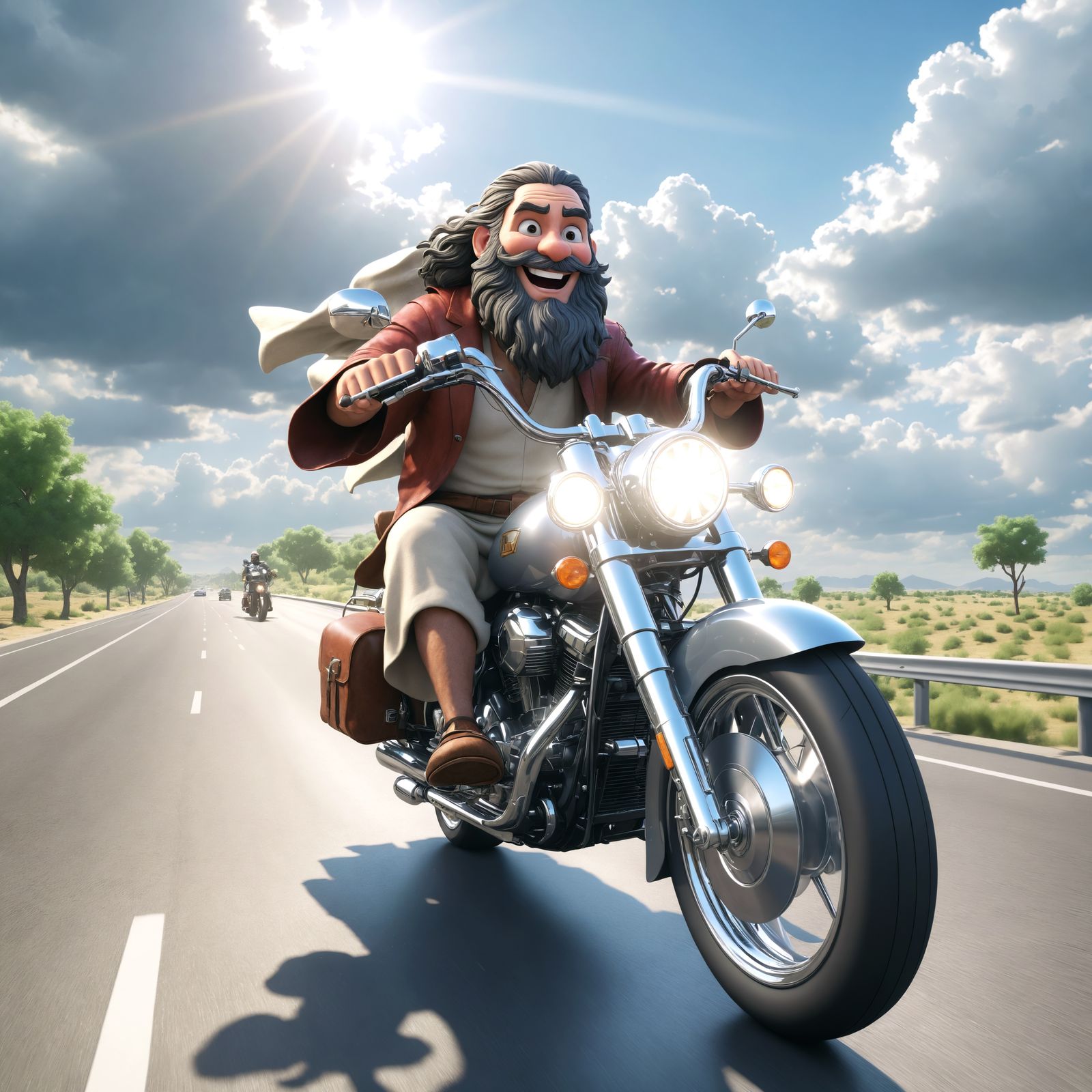 Biblical Man Rides Motorcycle in Cartoon CGI Style