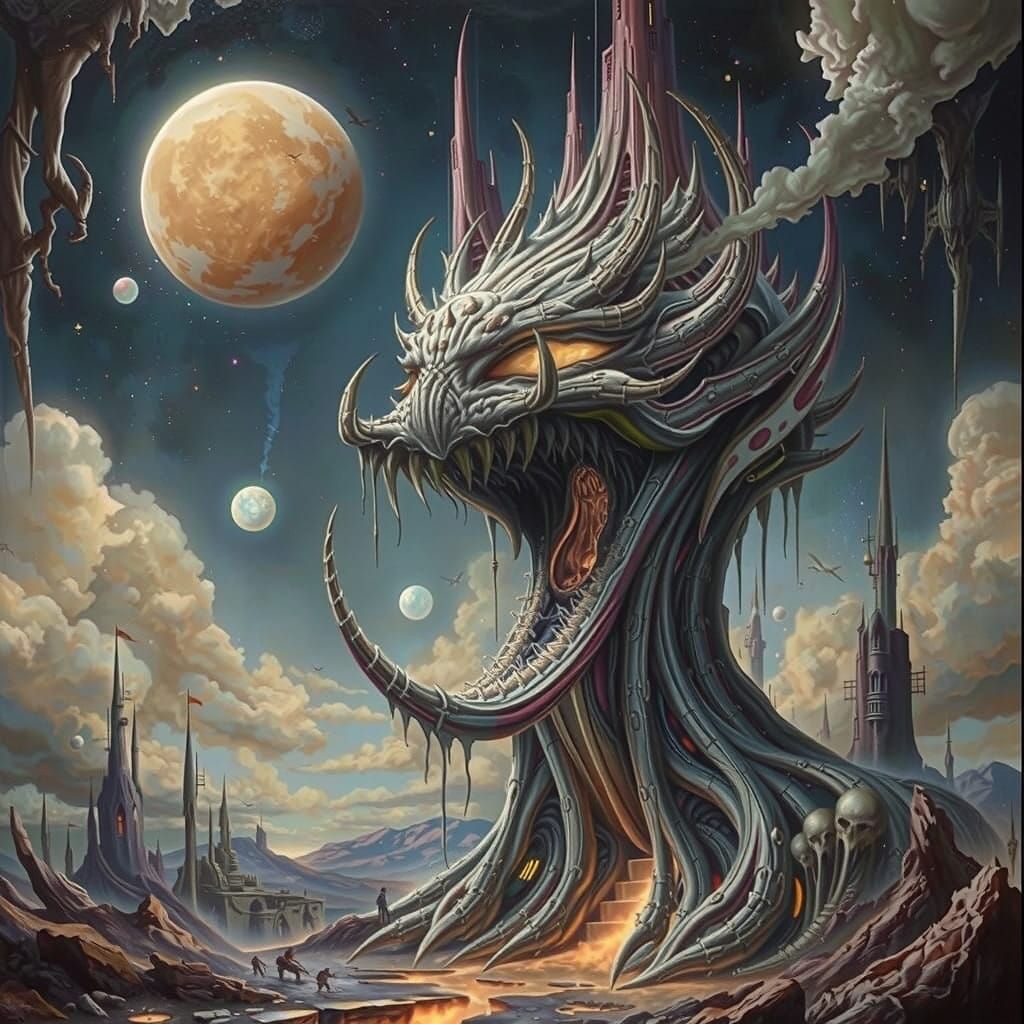 Surreal Alien Landscape with Melting Moon in Hyper-Maximalis...