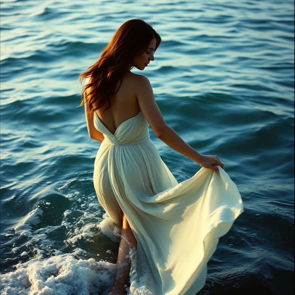 Woman Emerging from the Sea in Cinematic Style
