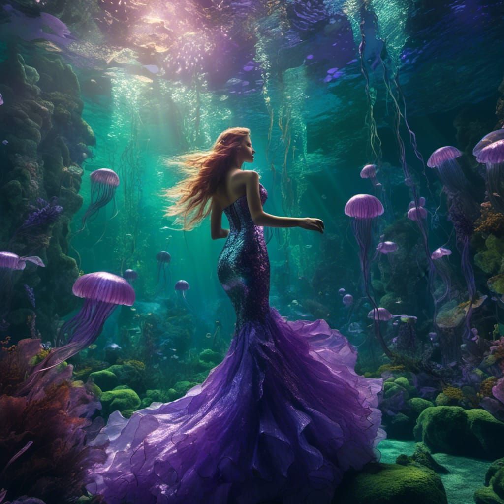 Mystical Mermaid in Green Underworld Scene