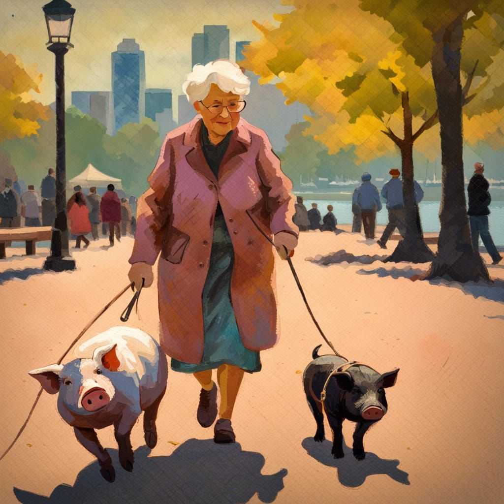 Impressionist Woman Walks Pig in Seattle Park