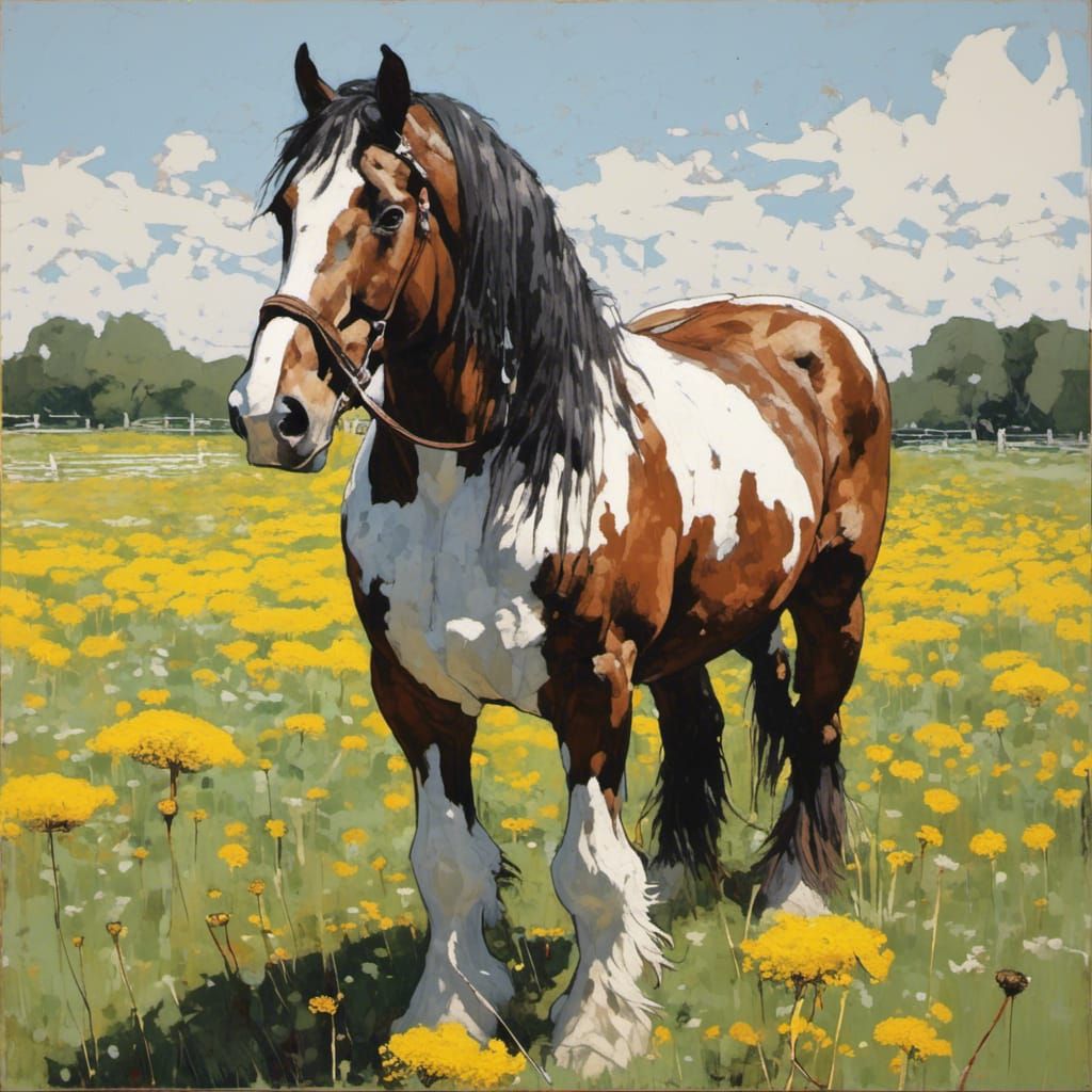 Clydesdale in Dandelion Field, Splatter Graffiti Style