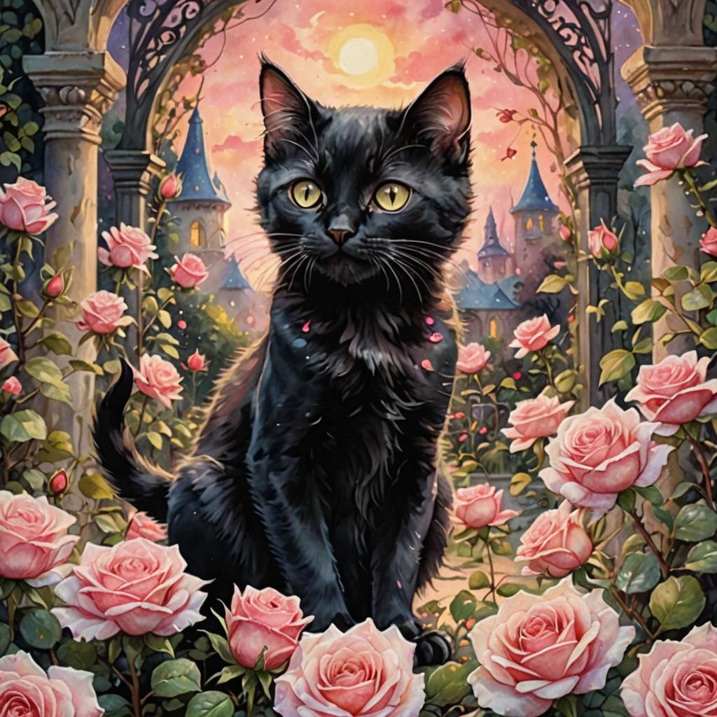 Kitten in Fairytale Rose Garden: Rococo Watercolor