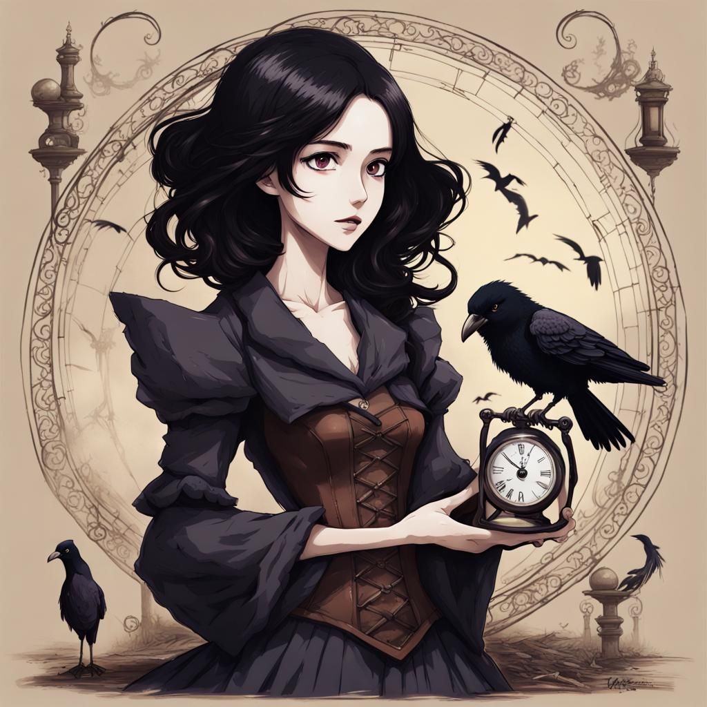 Woman with Raven in Tim Burton Anime Style