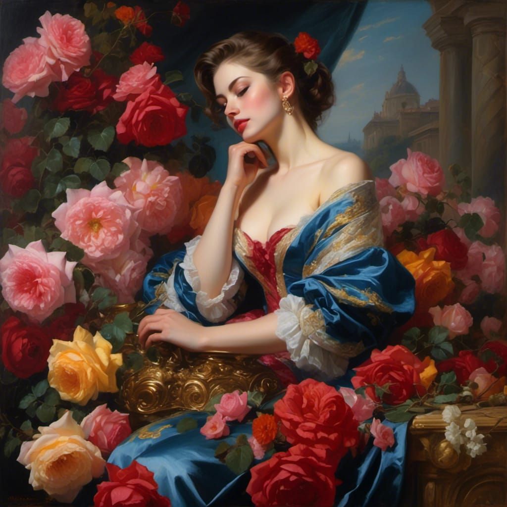 Baroque Woman in Roses Portrait