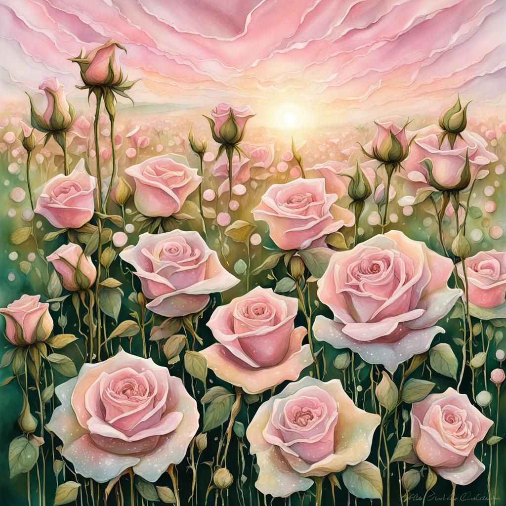 Endless Pale Pink Rose Fields at Dawn