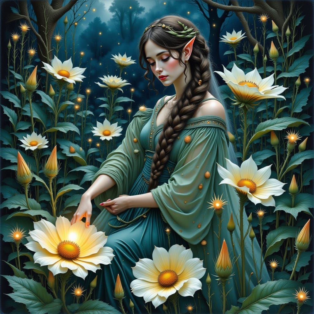 Whimsical Elf Tending Enchanted Garden with Bioluminescent F...