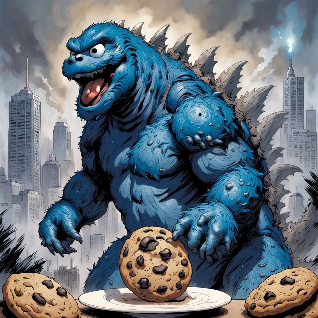 Godzilla with Cookie Monster Head in Comic Style
