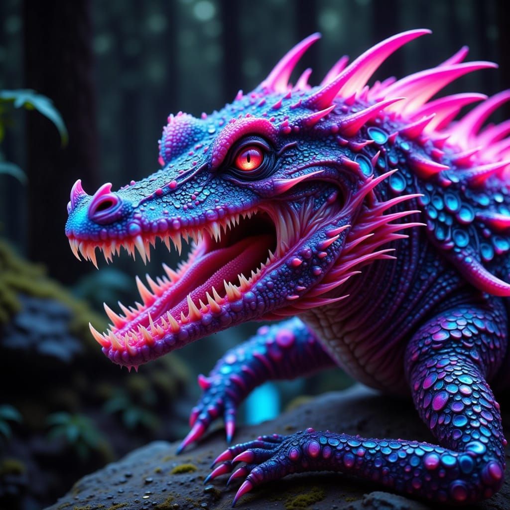 Photorealistic Serpent Hybrid with Pink and Blue Flames