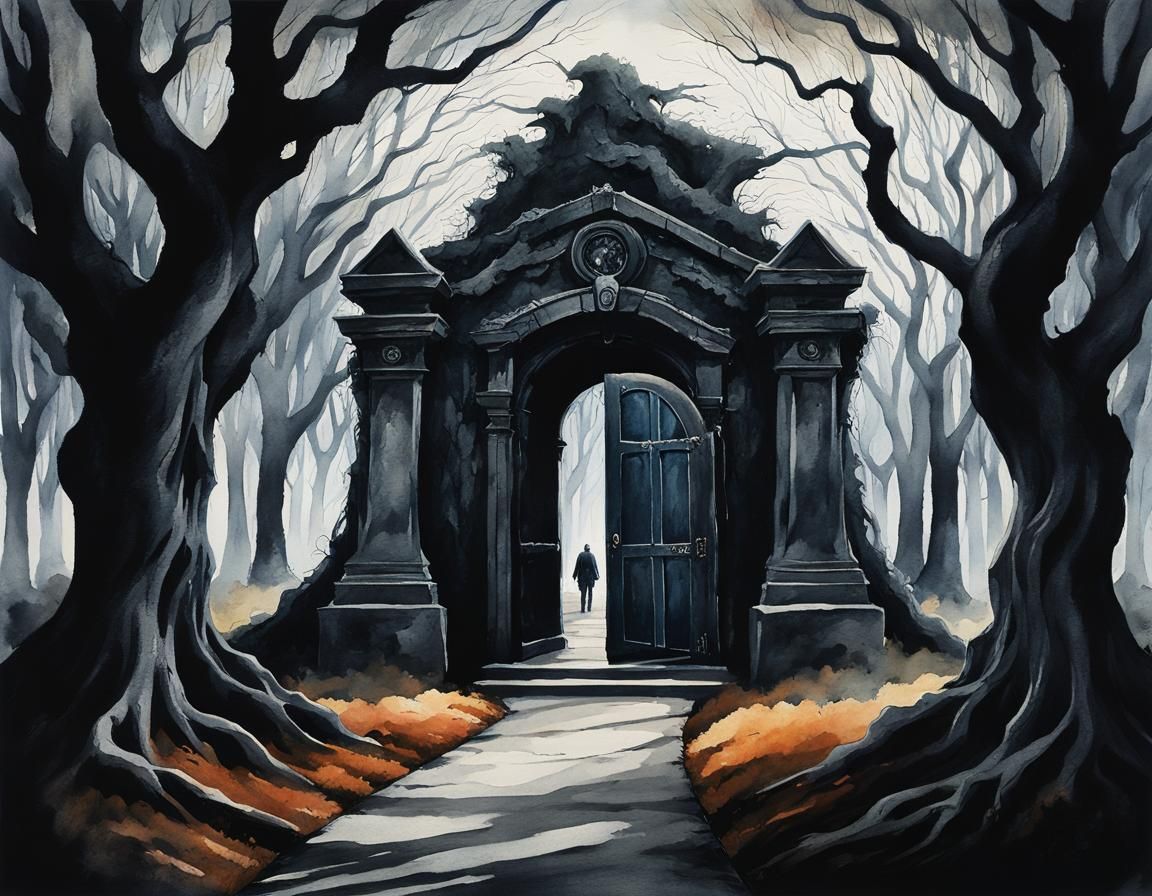 Eerie Cemetery Path to Dark Structure, Watercolor Art