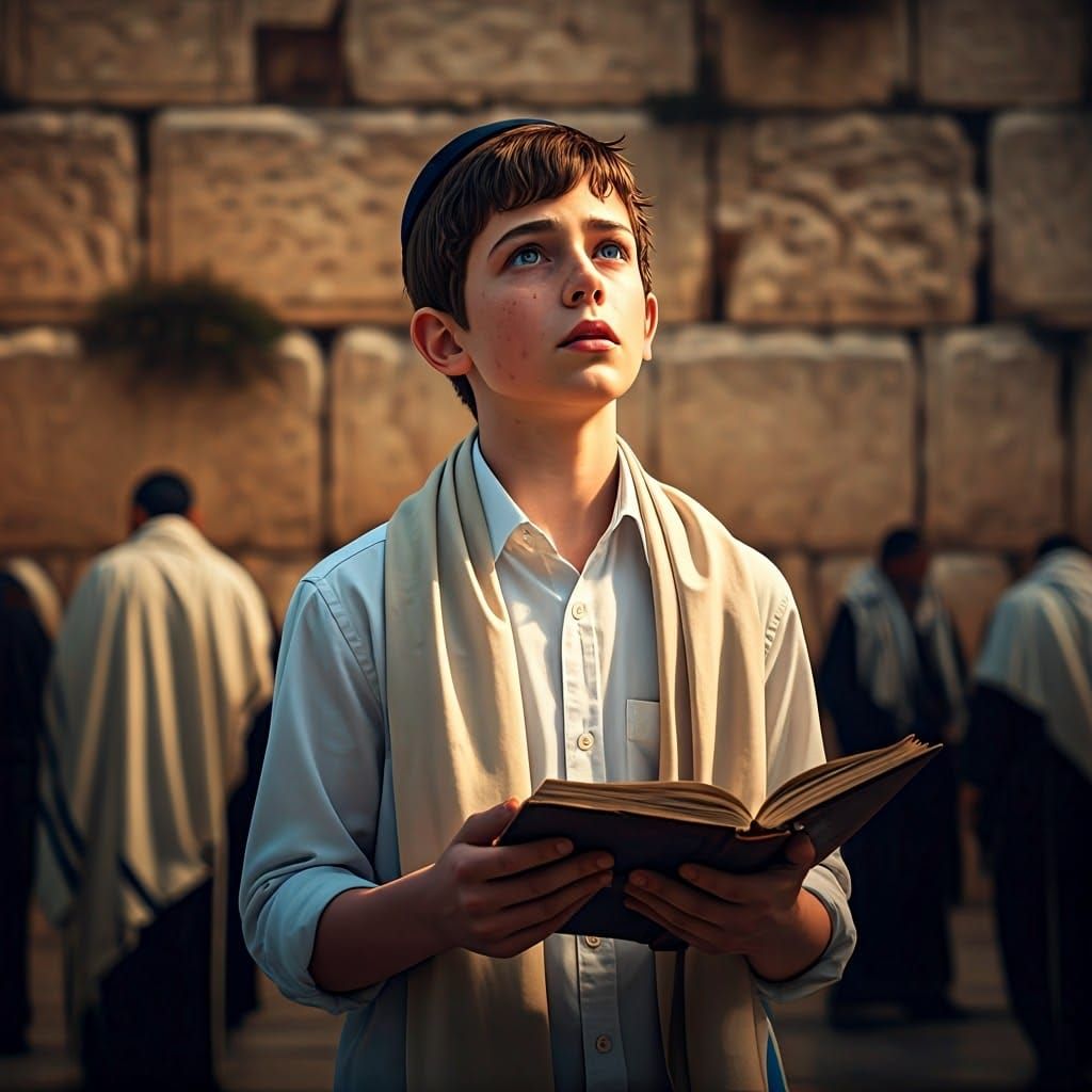 Boy Praying at Western Wall in Art Nouveau Style
