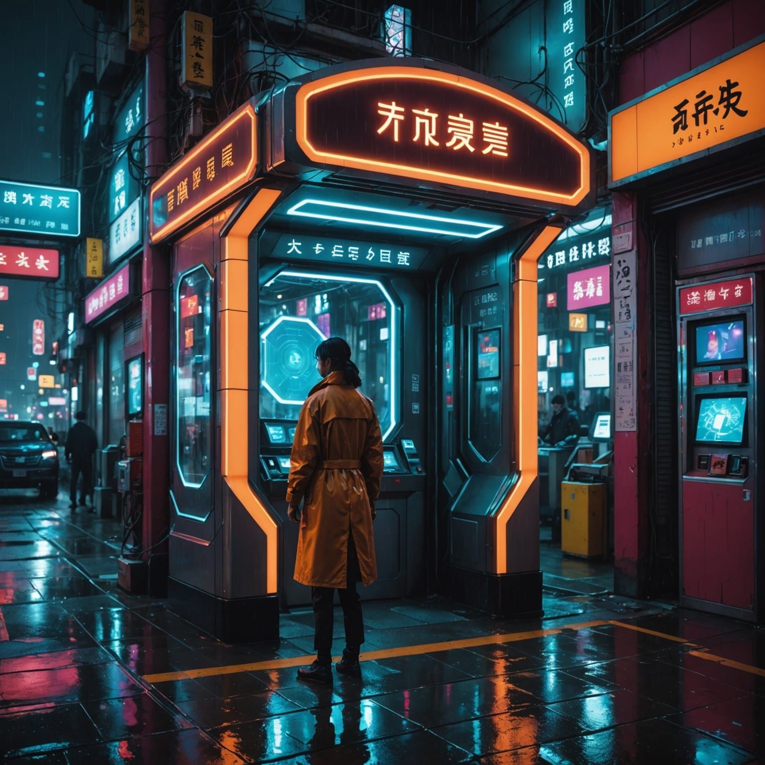AI Health Kiosk in Futuristic Noir City Alley
