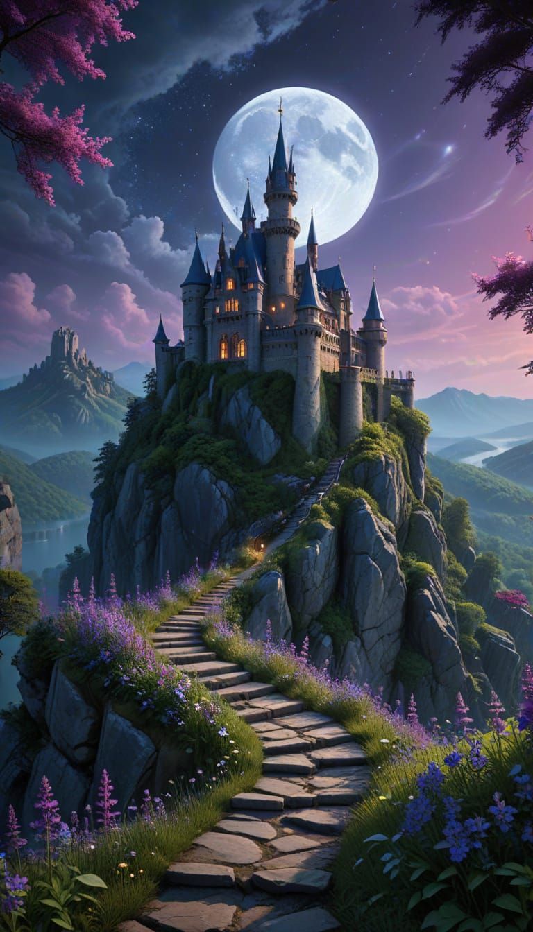 Enchanted Fortress with Purple Trees and Stone Path