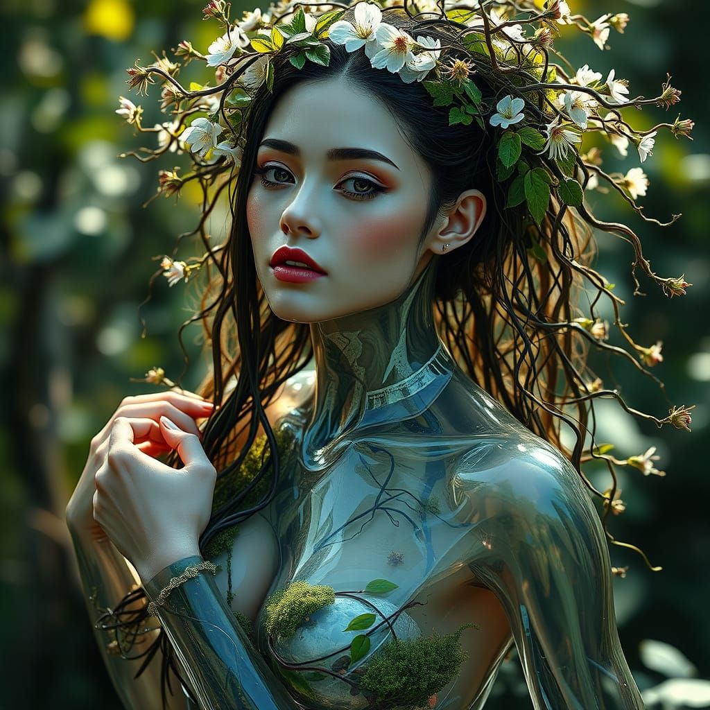 Glass Woman Surrounded by Nature's Splendor