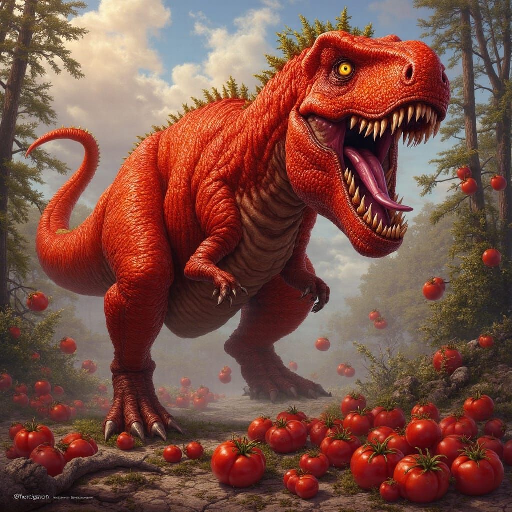 Tomato T-Rex in Hyperrealistic Oil Painting Style