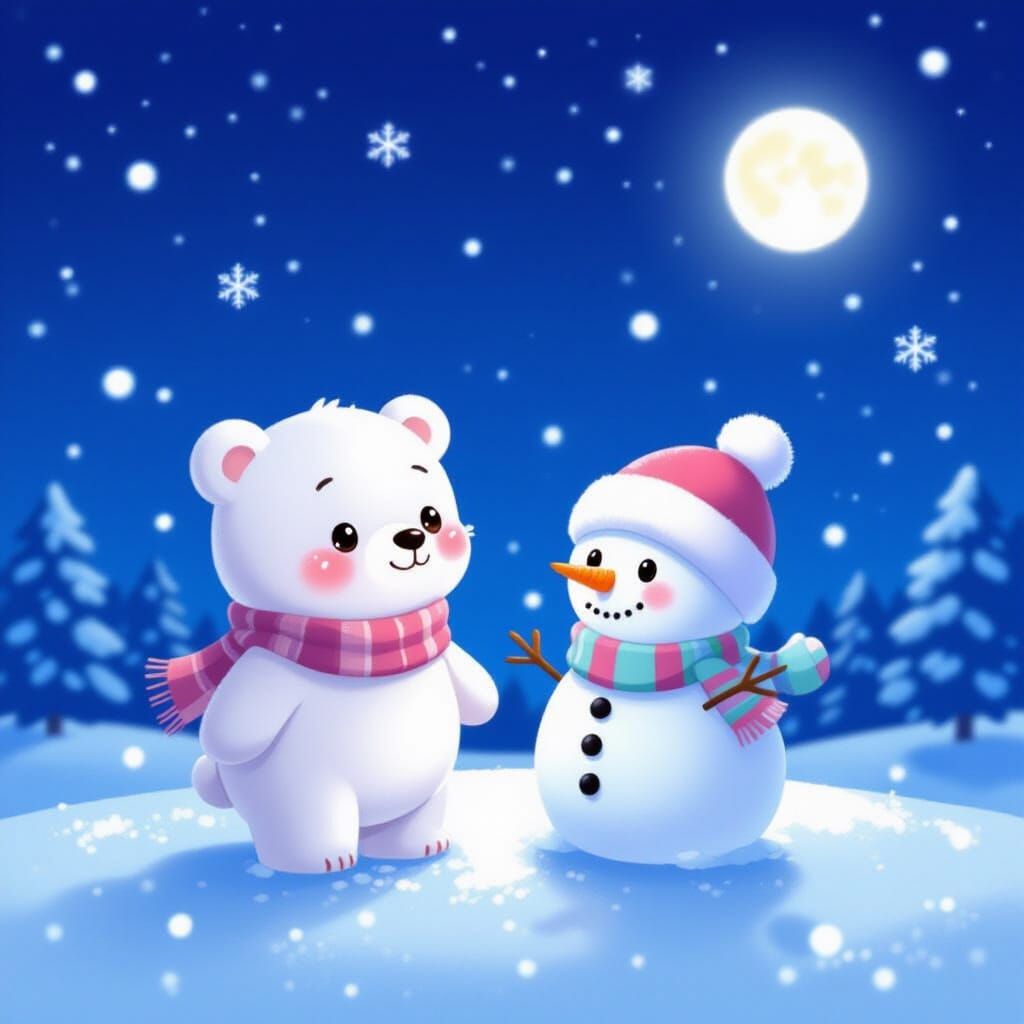 Kawaii Polar Bear and Snowman on Winter Night