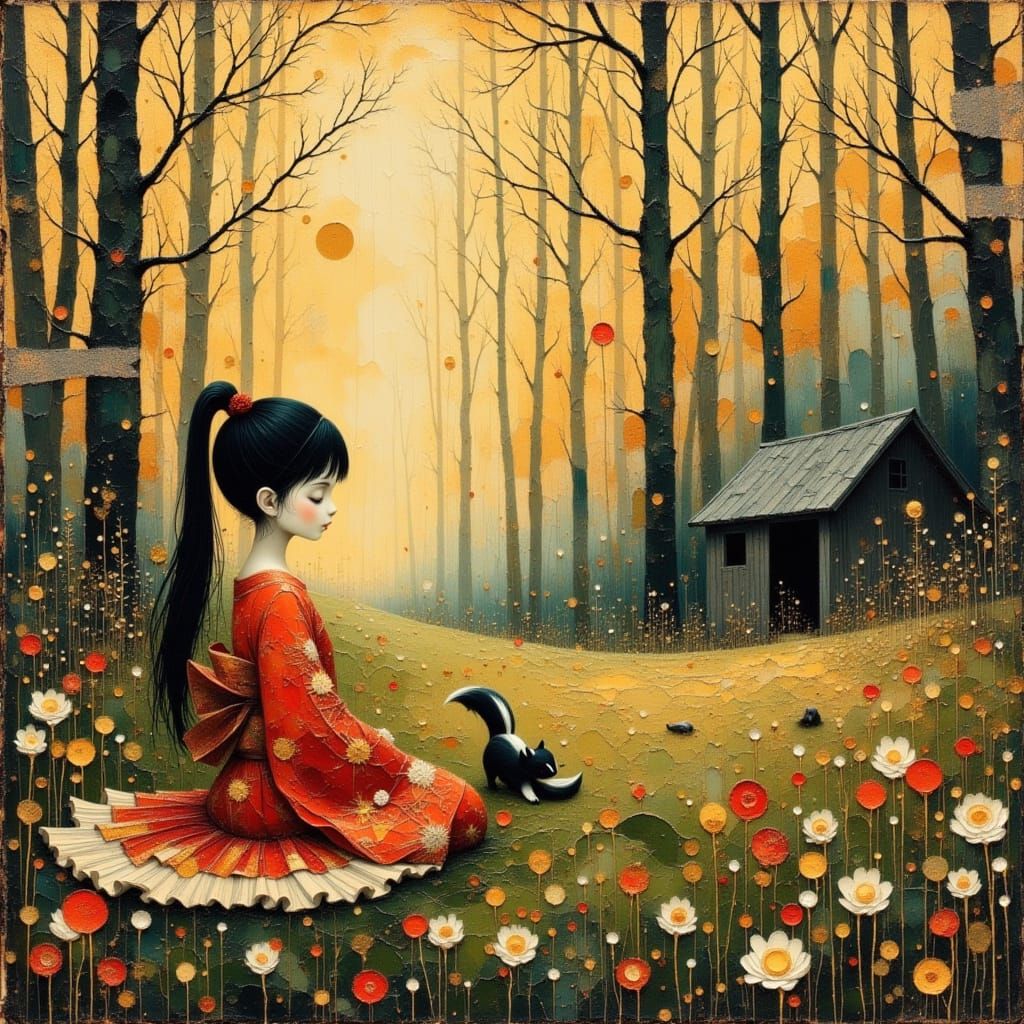 Meditating Girl in Forest with Skunk, Oil Painted Kimono