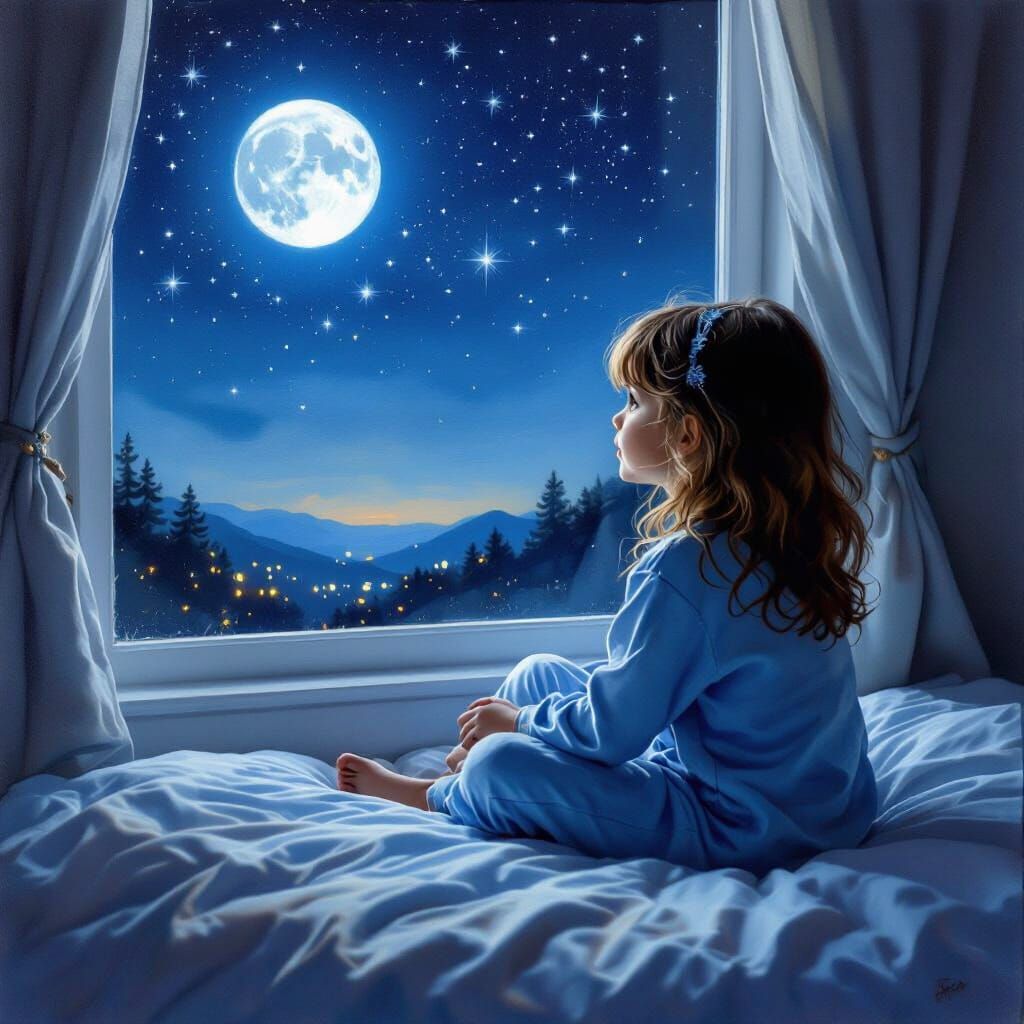 Girl Gazes at Starry Horizon in Moonlit Bedroom