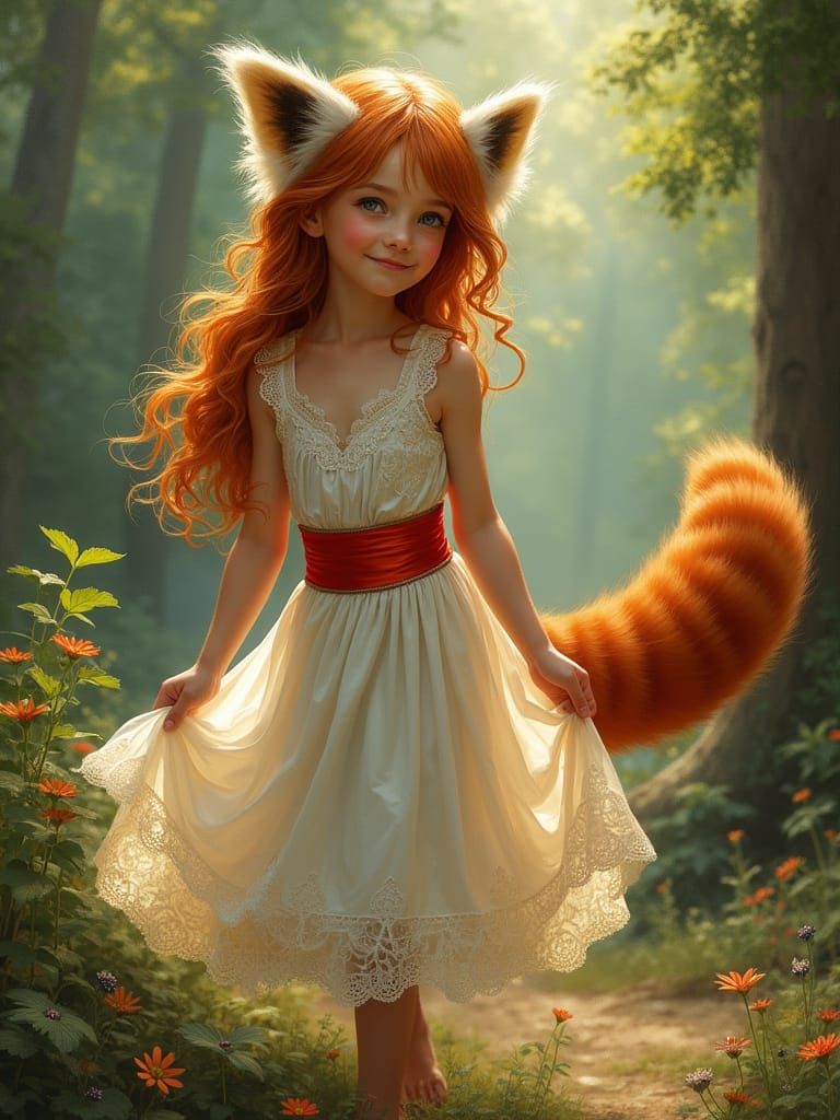 Whimsical Girl in Red Panda Form Poses in Golden Light